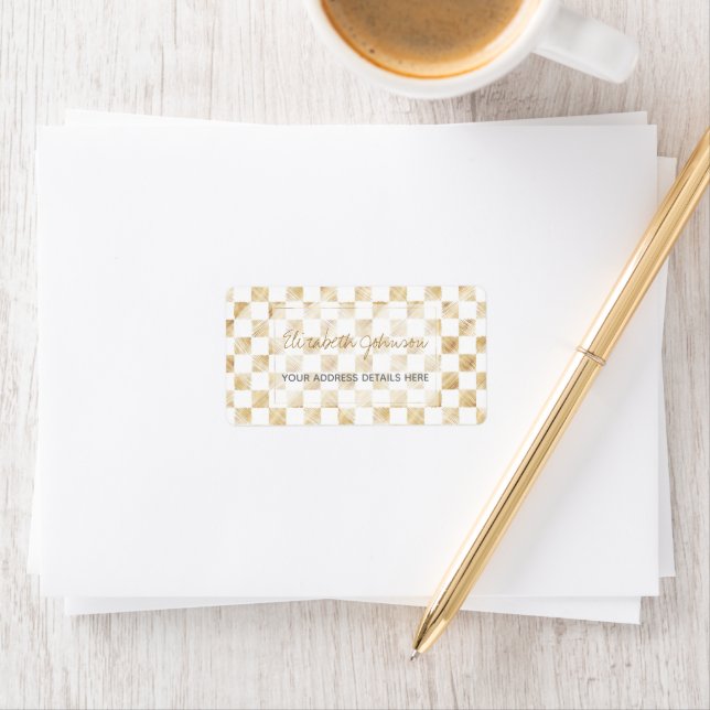 Modern White Gold Chequerboard Pattern Label (Insitu)