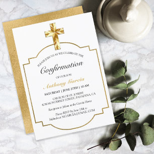 Modern White Gold Cross Boys Confirmation Invitation