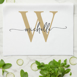 Modern White Gold Custom Monogram Name Script Tea Towel