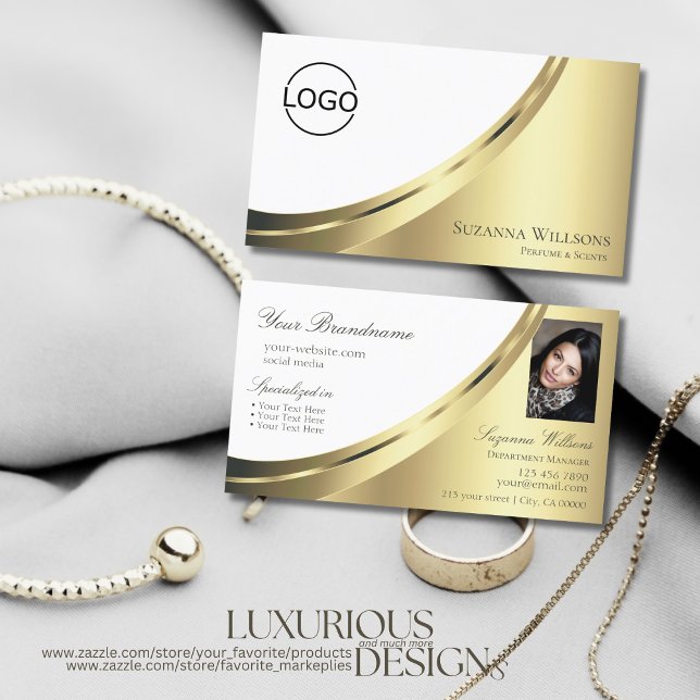 Modern White Gold Decor with Logo and Photo Noble Business Card (Creator Uploaded)