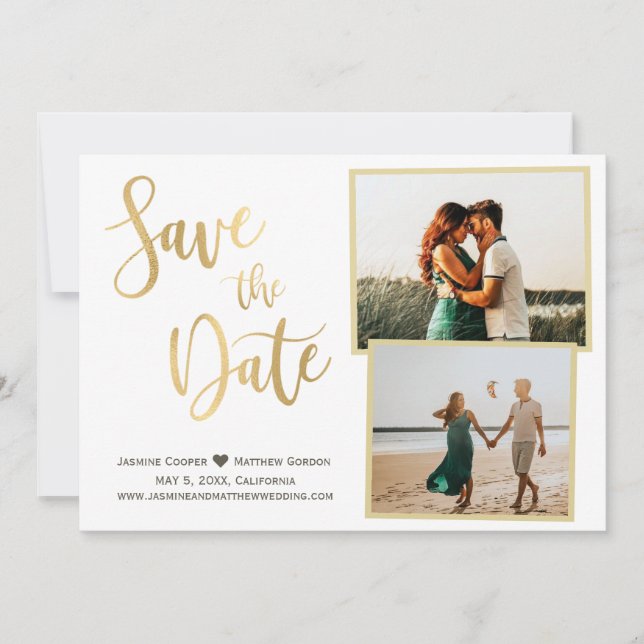 Modern White Gold Elegant Calligraphy Photo Save The Date (Front)