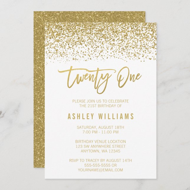 Modern White Gold Faux Glitter 21st Birthday Invitation (Front/Back)