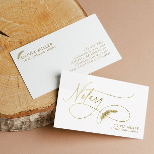 Modern White Gold Feather Script Notary Loan Agent Business Card