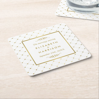 Modern White & Gold Foil Effect Wedding Square Paper Coaster