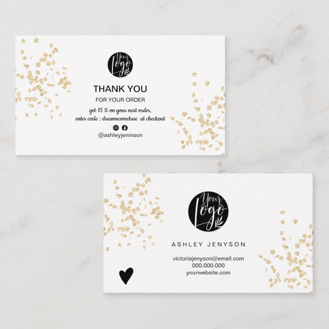 Modern white gold glitter logo order thank you business card (Front/Back)