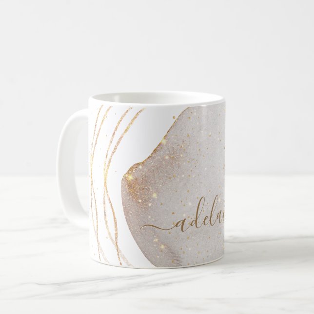 Modern White Gold Glitter Monogram Script Name Coffee Mug (Front Left)