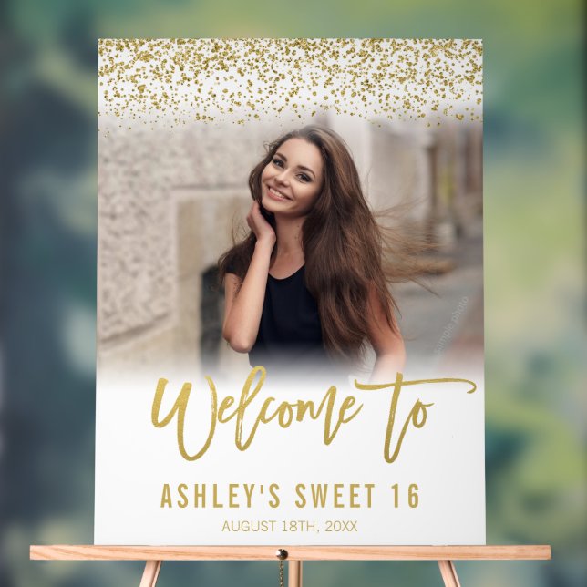 Modern White Gold Glitter Sweet 16 Photo Welcome Acrylic Sign (Neutral)