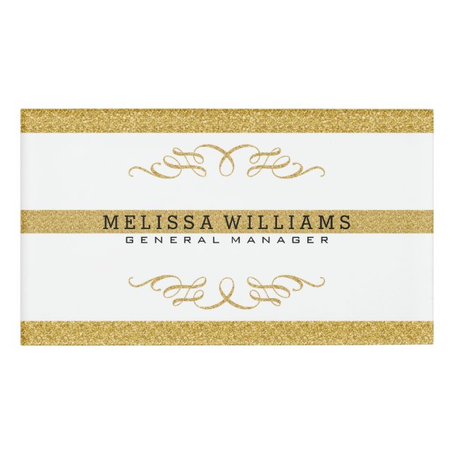 Modern White & Gold Glitter & Swirls Design Name Tag (Front)
