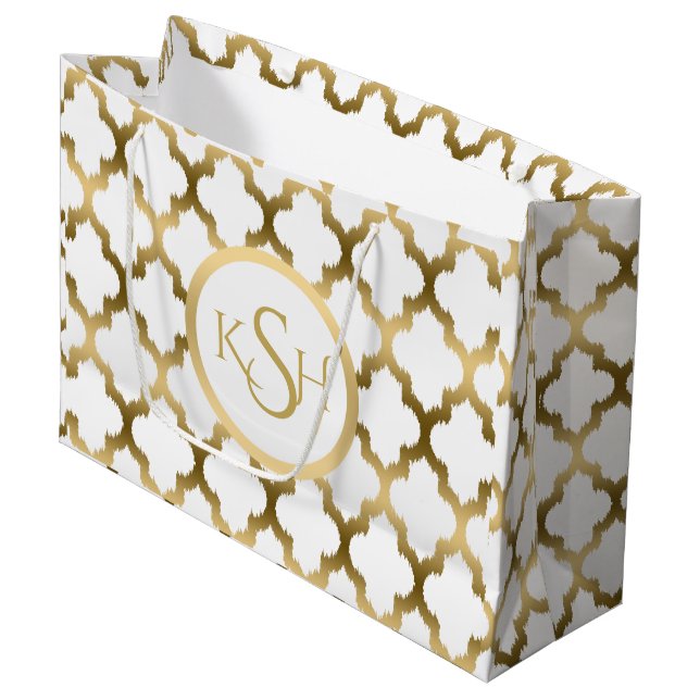 Modern White & Gold Ikat Quatrefoil Pattern Large Gift Bag (Front Angled)
