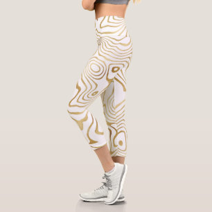 Modern White Gold liquid swirl Abstract Design Capri Leggings