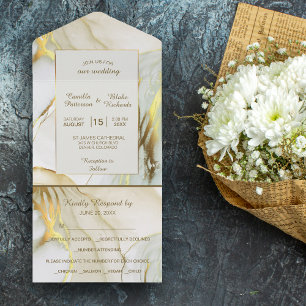 Modern White Gold Marble Elegant Wedding All In One Invitation