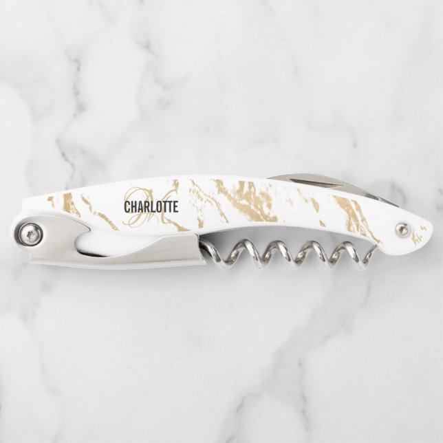 Modern white gold marble monogram name  corkscrew (Front)