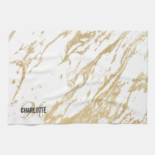 Modern white gold marble monogram name tea towel