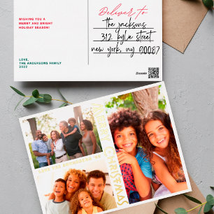 MODERN WHITE Gold MERRY CHRISTMAS MULTI Photo Foil Holiday Postcard