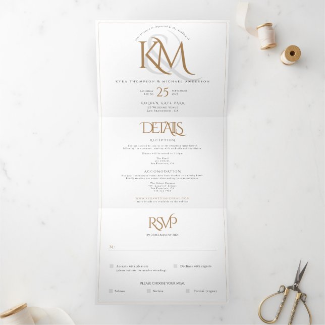 Modern White Gold Monogram All In One Wedding  Tri Tri-Fold Invitation (Inside)