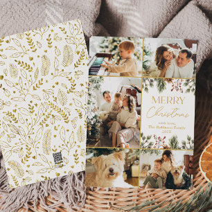 Modern White Gold Multi Photo Merry Christmas Holiday Card