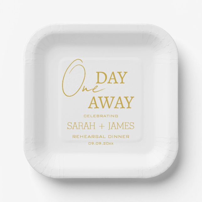 Modern White Gold One Day Away Rehearsal Dinner  Paper Plate (Front)