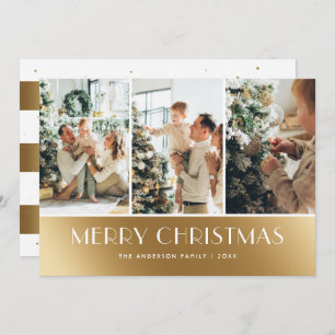 Modern White Gold Photo Collage Christmas Cards