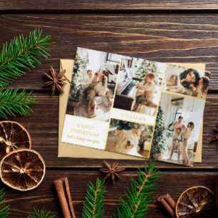 Modern White Gold Photo Collage Merry Christmas Foil Holiday Card