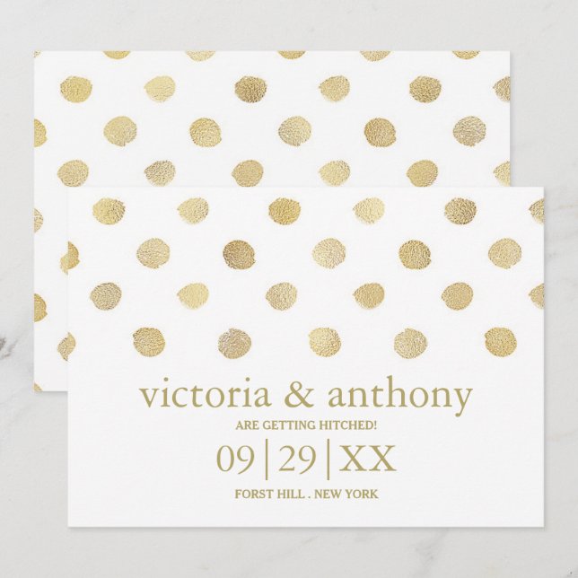 Modern White & Gold Polka Dots Save The Date (Front/Back)