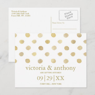 Modern White & Gold Polka Dots Save The Date Announcement Postcard