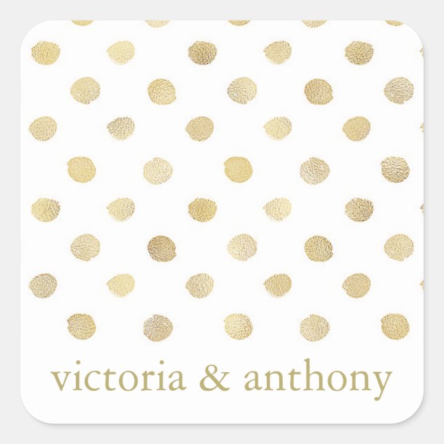 Modern White & Gold Polka Dots Wedding Favour Square Sticker (Front)