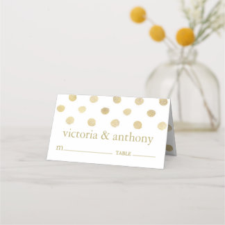 Modern White & Gold Polka Dots Wedding Place Card