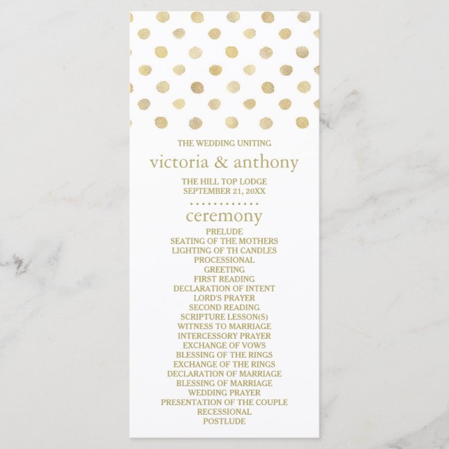 Modern White & Gold Polka Dots Wedding Program (Front)