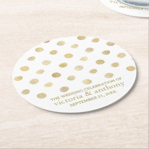 Modern White & Gold Polka Dots Wedding Round Paper Coaster