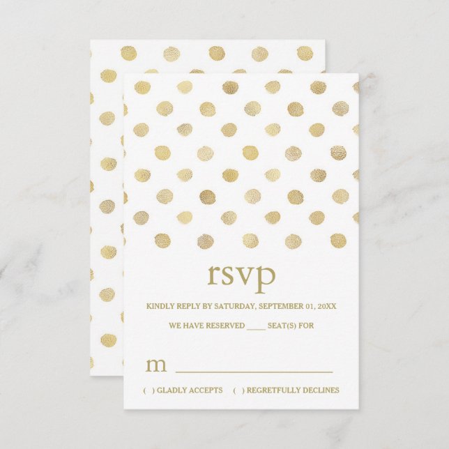 Modern White & Gold Polka Dots Wedding RSVP Card (Front/Back)