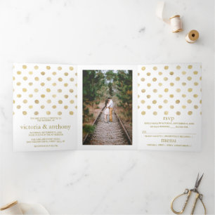 Modern White & Gold Polka Dots Wedding Suite Tri-Fold Invitation