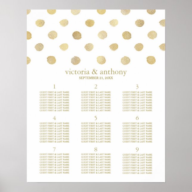Modern White & Gold Polka Dots Wedding Table Plan Poster (Front)