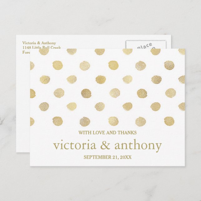 Modern White & Gold Polka Dots Wedding Thank You Postcard (Front/Back)