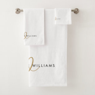 Modern White Gold Script Monogram Bath Towel Set