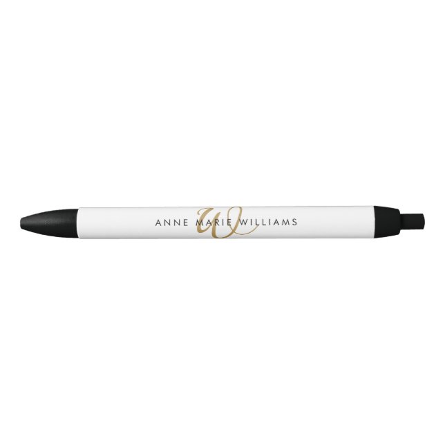 Modern White Gold Script Monogram Black Ink Pen (Front)