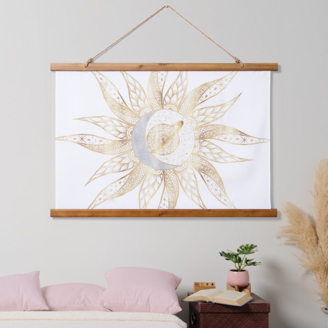 Modern White Gold Sun Moon Planet Universe Mandala Hanging Tapestry (Bedroom)