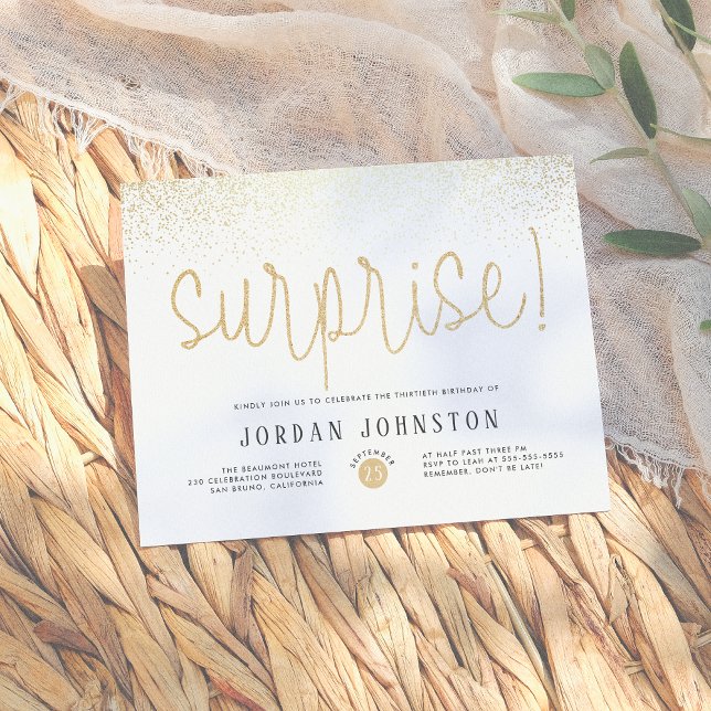 Modern White & Gold Surprise Birthday Party Invitation Postcard (Creator Uploaded)