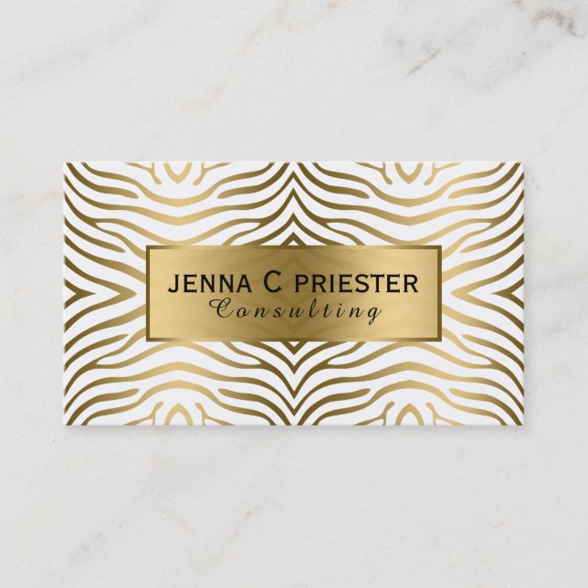 Modern White & Gold Zebra Stripes Pattern Business Card (Front)