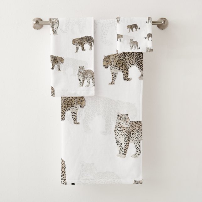 Modern White Golden Leopard Jungle Animals Bath Towel Set (Insitu)