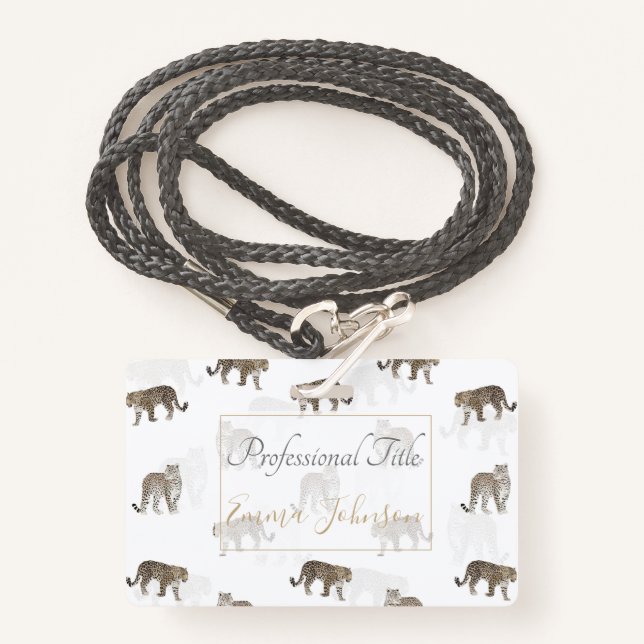 Modern White Golden Leopard Jungle Animals ID Badge (Front with Lanyard)