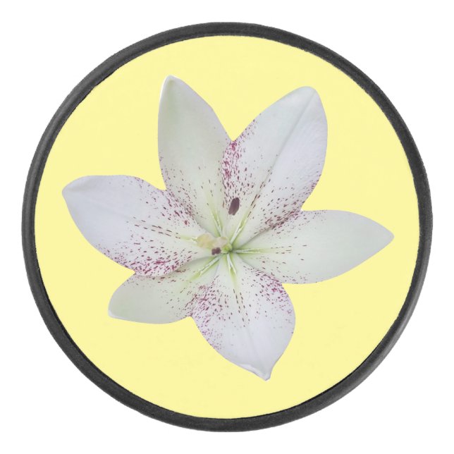 Modern White Golden-rayed lily Flower Pattern   Hockey Puck (Front)