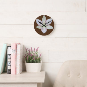 Modern White Golden-rayed lily Flower Pattern   Round Clock