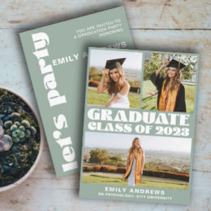Modern White & Green 3 Photo Grad Party Invitation