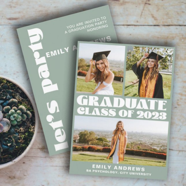Modern White & Green 3 Photo Grad Party Invitation (Creator Uploaded)