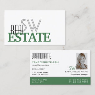 Modern White Green Stylish with Monogram and Photo Business Card