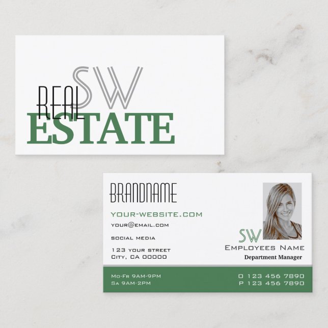 Modern White Green Stylish with Monogram and Photo Business Card (Front/Back)