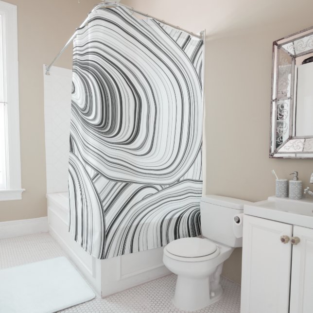 Modern White Grey Abstract Pattern Shower Curtain (In Situ)