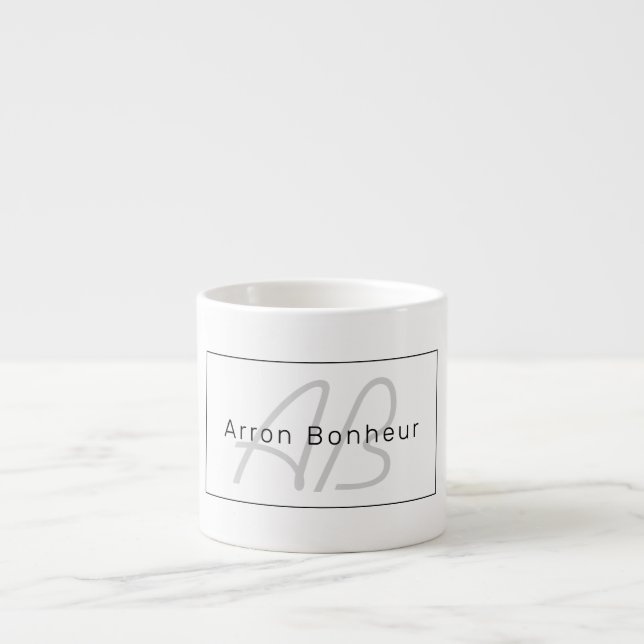 Modern White Grey & Black | Cool Name & Monogram Espresso Cup (Front)