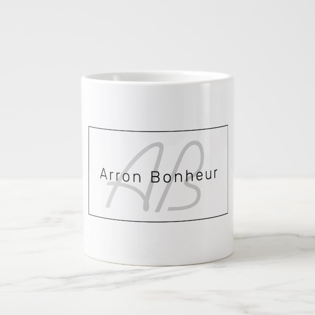 Modern White Grey & Black | Cool Name & Monogram Large Coffee Mug (Front)