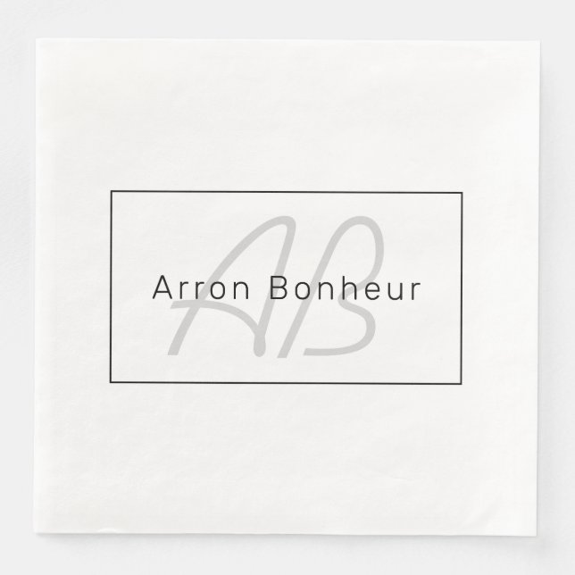 Modern White Grey & Black | Cool Name & Monogram Napkin (Front)